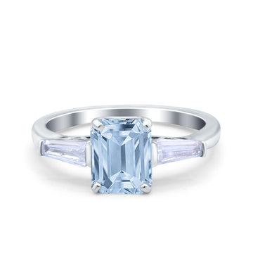 Art Deco Wedding Ring Emerald Cut Simulated Aquamarine CZ 925 Sterling Silver